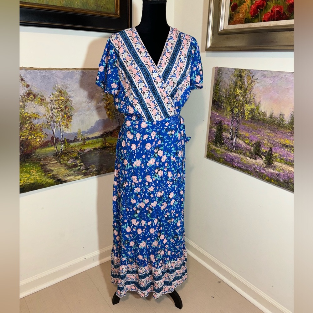 Blue Floral Maxi Wrap Dress with Pink Floral Trim
